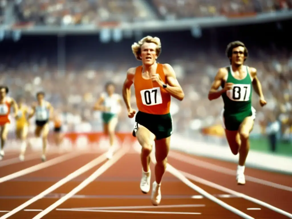 Lasse Virén cruza la meta en la final de los 10,000 metros en las Olimpiadas de Munich 1972, exudando determinación y triunfo