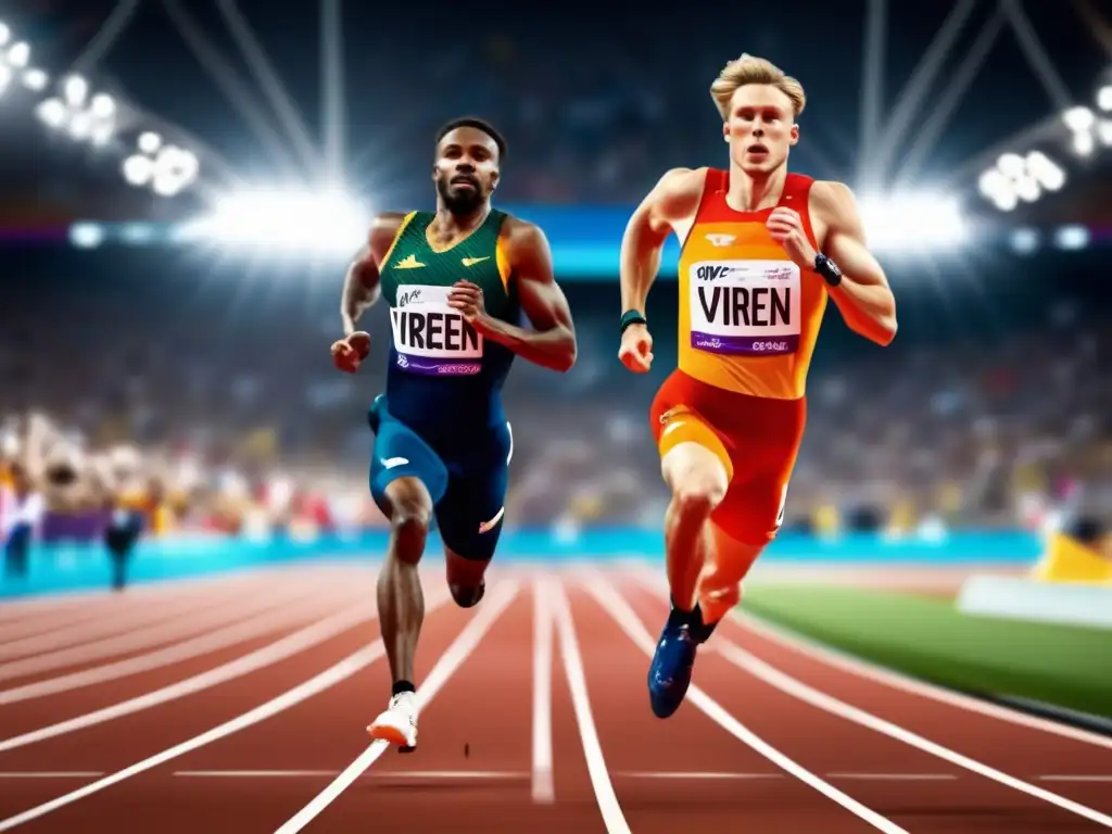 Lasse Virén, atleta olímpico, cruza la meta con determinación y enfoque, en una imagen de alta resolución que destaca su intensidad y atletismo