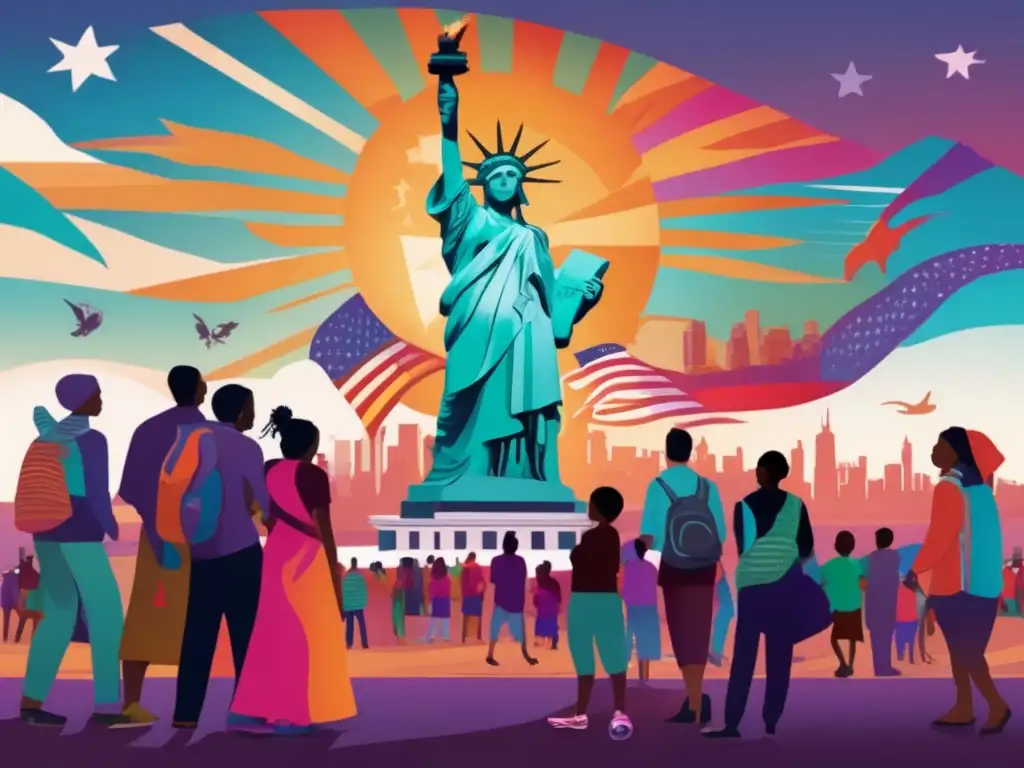 Emma Lazarus defensora de refugiados, exiliados y libertad, rodeada de color y esperanza en impresionante arte digital