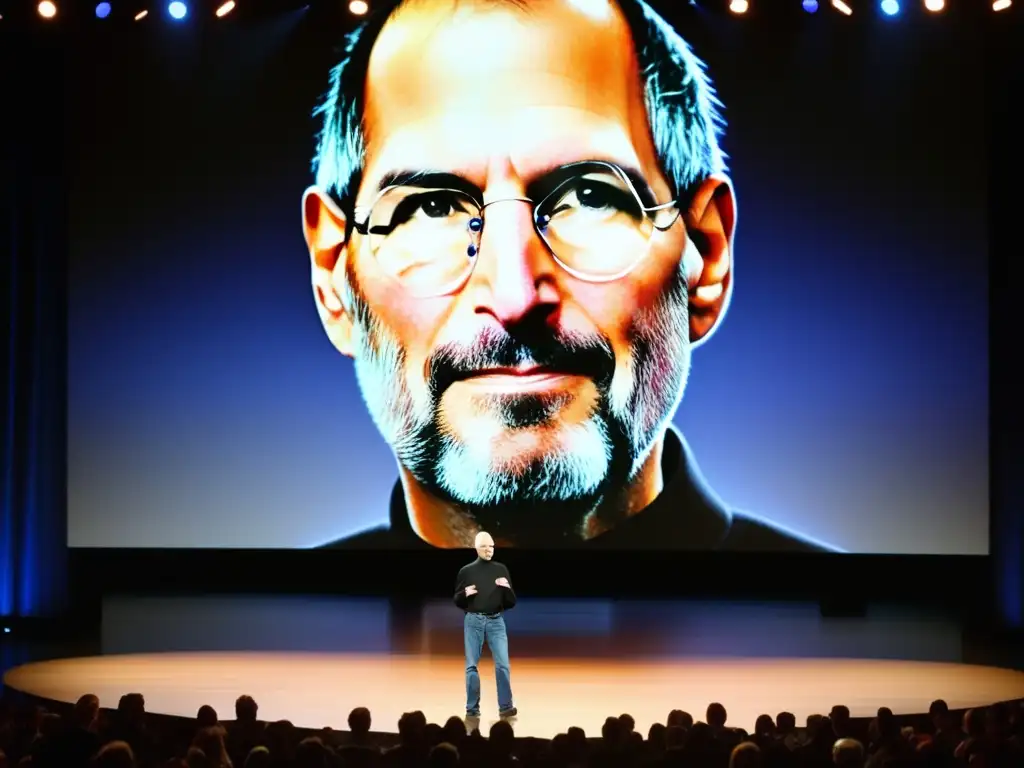 Steve Jobs ofrece lecciones de liderazgo en un evento de Apple, con una atmósfera de innovación y pasión