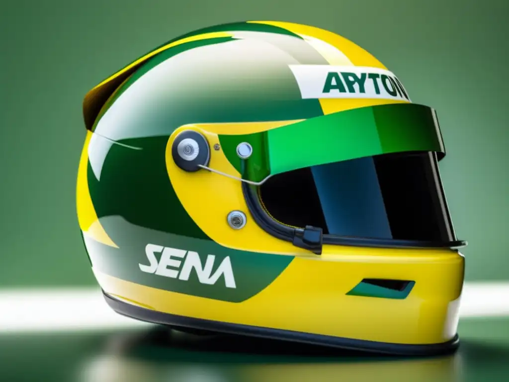 Legado de Ayrton Senna más allá Fórmula 1, casco amarillo y verde brillante con la bandera brasileña y firma de Senna