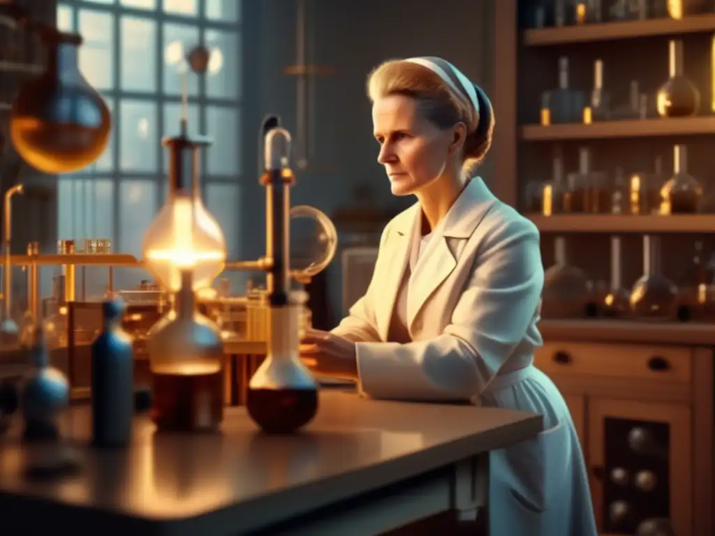 Marie Curie vida y legado: La científica trabaja en su laboratorio, rodeada de equipo científico, con una expresión concentrada bajo una cálida luz