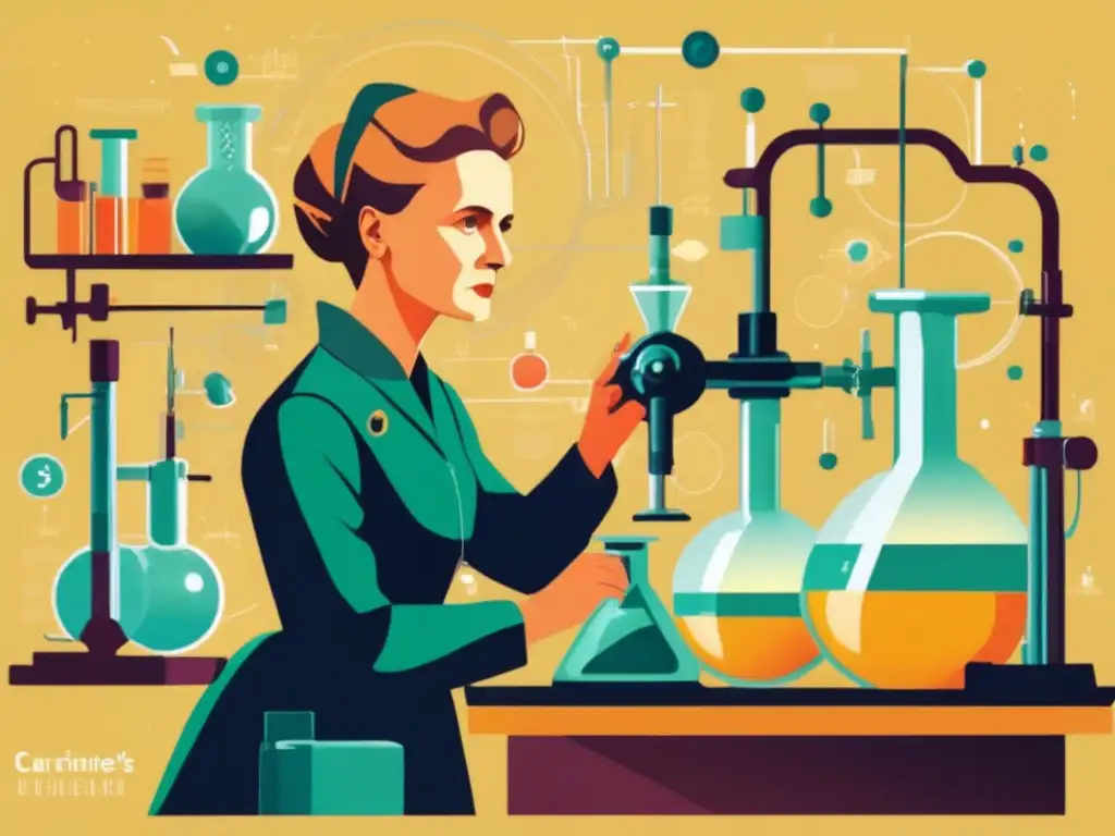 Marie Curie vida y legado: Ilustración digital moderna de Marie Curie en un laboratorio, rodeada de equipo científico, realizando experimentos con determinación y enfoque, capturando su legado innovador y su trabajo pionero en física y química
