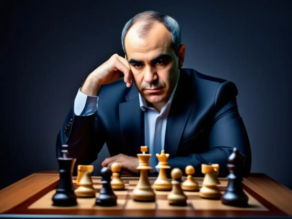 Legado estratégico de Garry Kasparov, jugador de ajedrez concentrado en juego