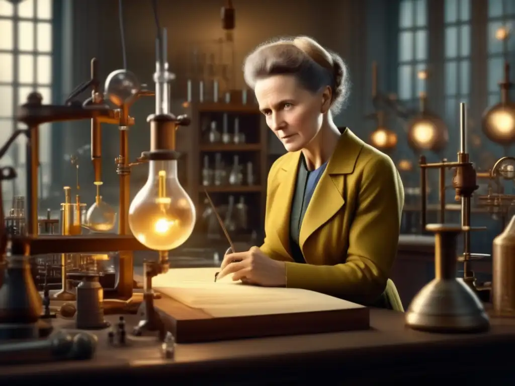 Marie Curie vida y legado: Imagen detallada de Marie Curie en su laboratorio rodeada de instrumentos científicos, realizando experimentos pioneros