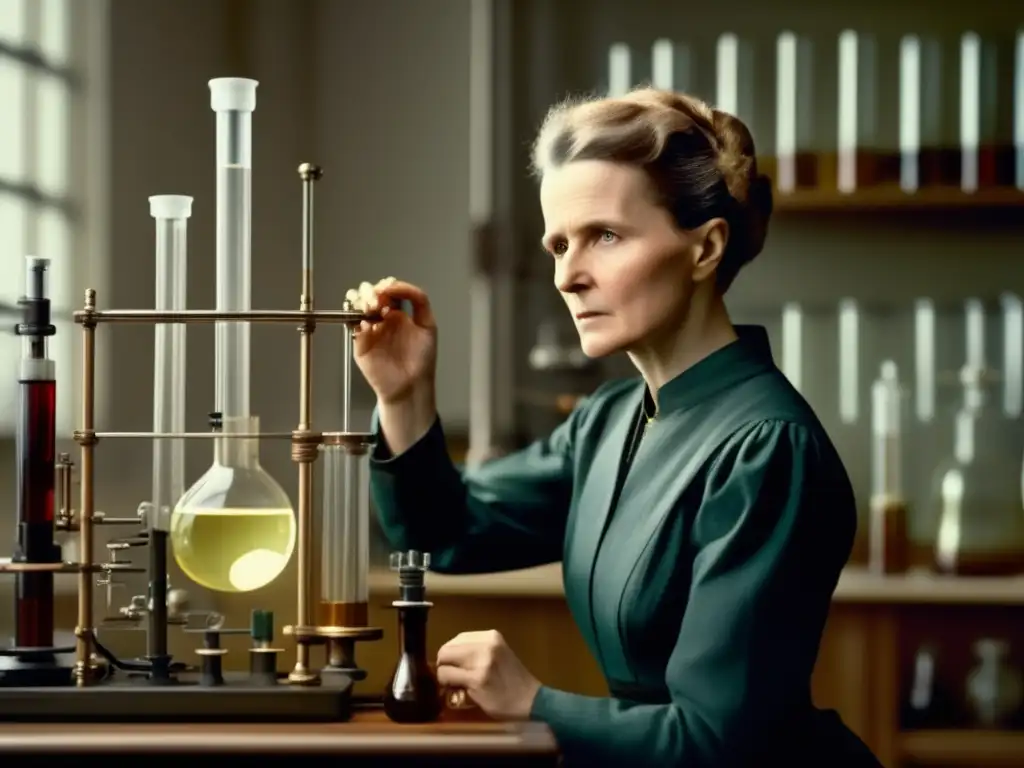 Marie Curie vida y legado: Imagen de Marie Curie en su laboratorio, rodeada de equipo científico, enfocada en experimentos