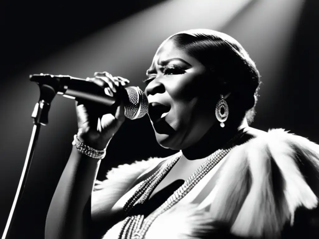 Legado musical Bessie Smith: Fotografía en blanco y negro de Bessie Smith en el escenario, destacando su poderosa presencia y pasión al cantar blues
