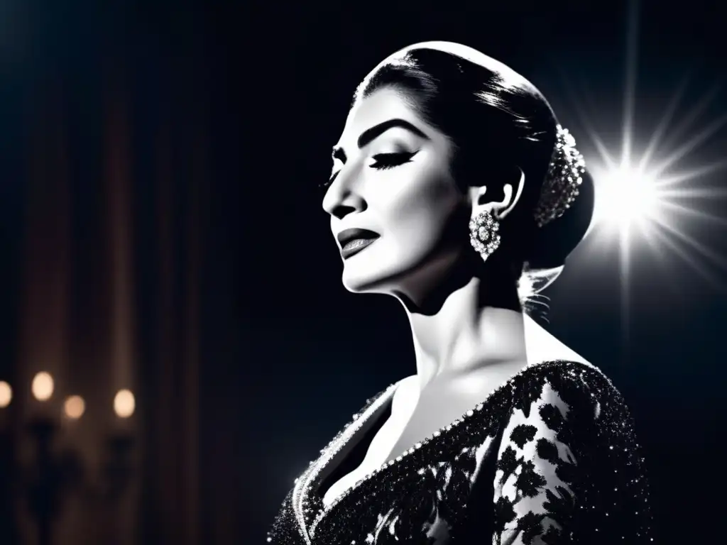 El legado vocal de Maria Callas cobra vida en una imagen de alta resolución, capturando su intensa emoción en el escenario, iluminada por un foco en la oscuridad, transmitiendo su pasión y poder