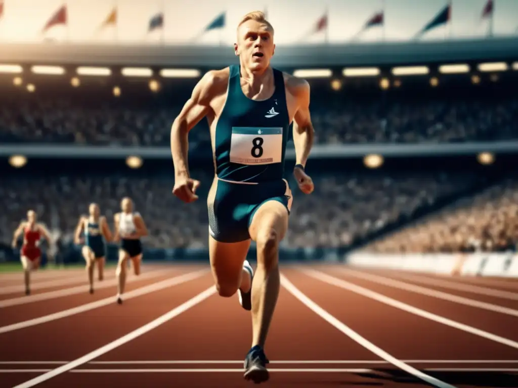 El legendario atleta finlandés Paavo Nurmi cruza la meta con determinación en una pista de atletismo, capturando su intensidad