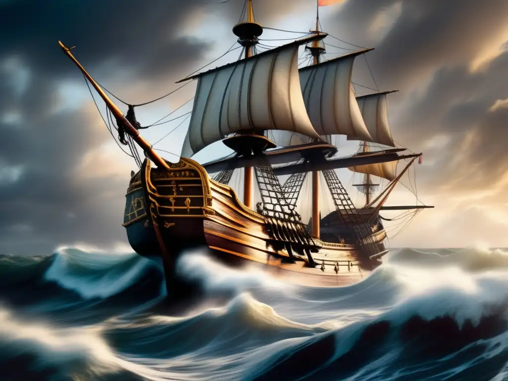El legendario barco Golden Hind de Sir Francis Drake desafiando tormentosas aguas