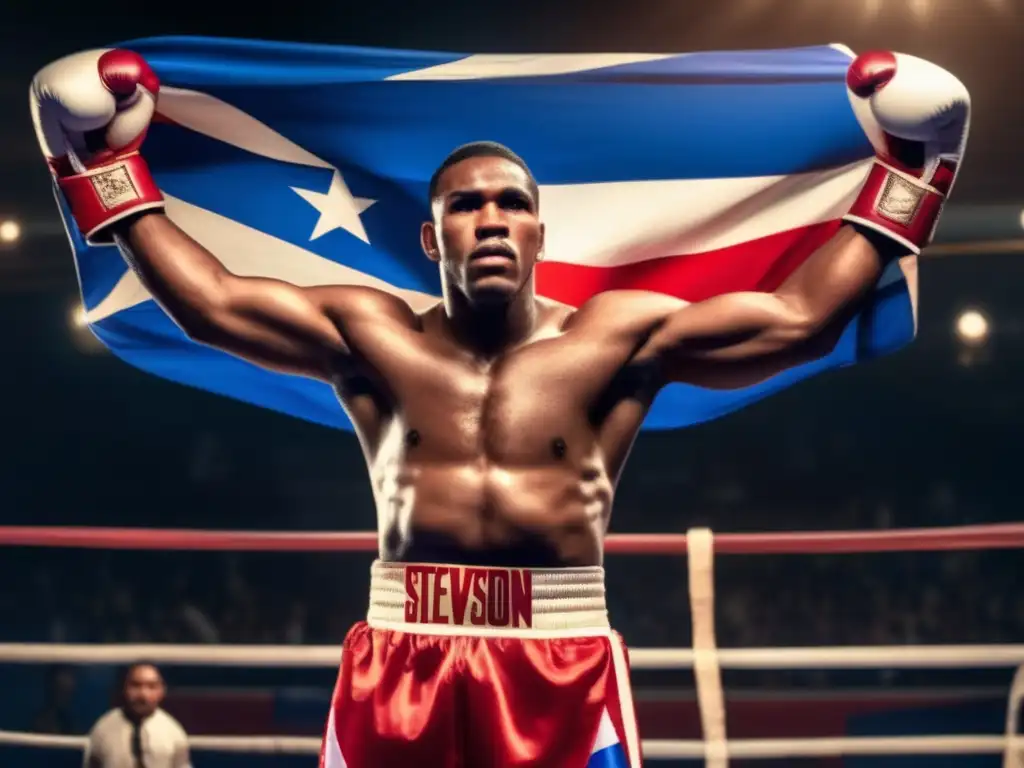 El legendario boxeador Teófilo Stevenson en el ring, con la bandera cubana, reflejando su pasión y determinación