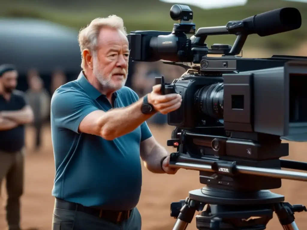 El legendario director Ridley Scott dirige apasionadamente una escena en un set de filmación, rodeado de su elenco y equipo