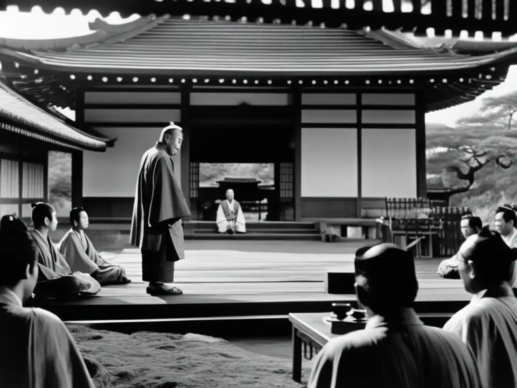 El legendario director Akira Kurosawa dirige una escena en un set de película japonés, rodeado de actores y equipo