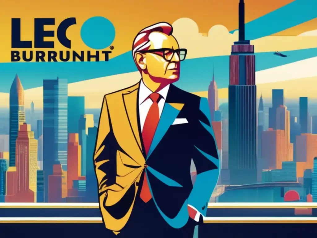 Leo Burnett, el legendario ejecutivo de publicidad, irradia carisma y creatividad en una ilustración vibrante y moderna
