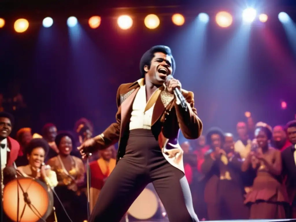 El legendario James Brown enciende el escenario con su energía y carisma en esta imagen de su biografía en la música soul