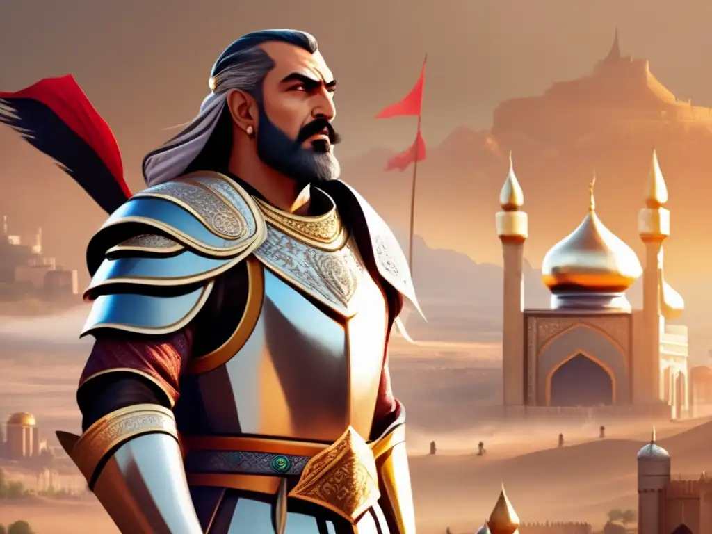 El legendario Sultan Baybars defiende el Islam en una ilustración detallada de batalla, mostrando su valor y resolución