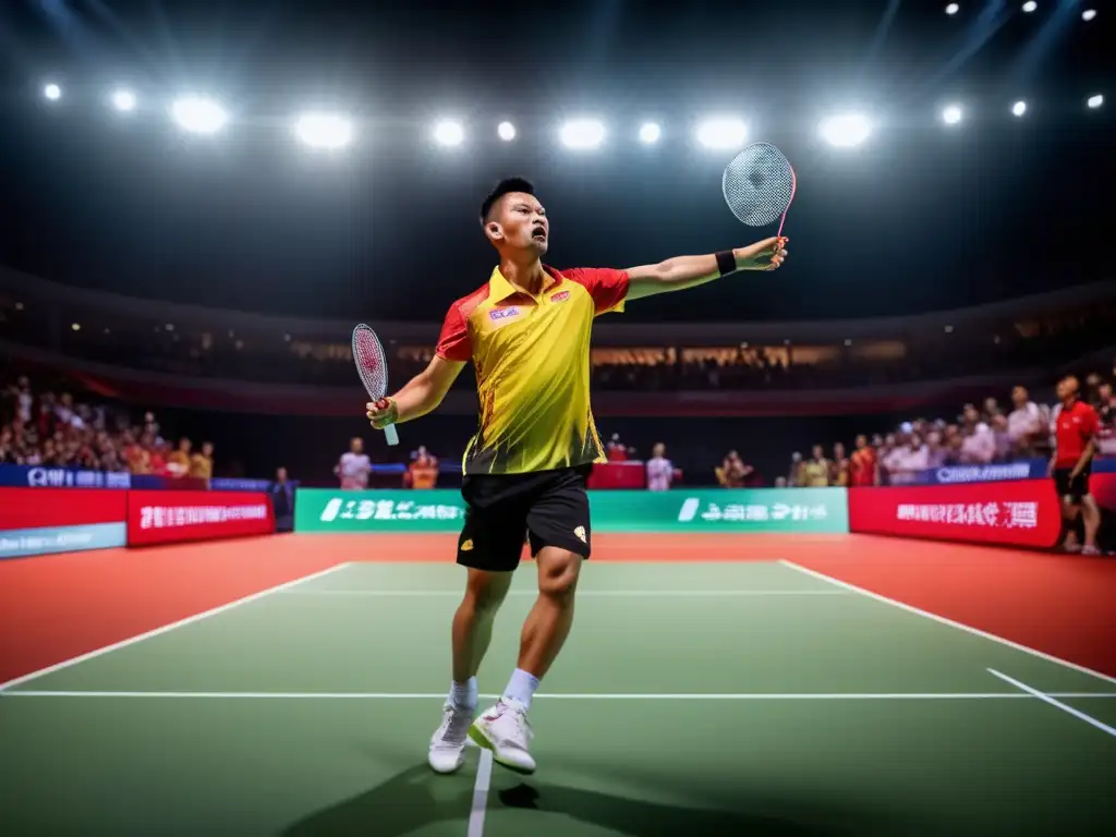 El legendario Lin Dan, con determinación en la mirada, se prepara para servir en la cancha, rodeado de energía y movimiento