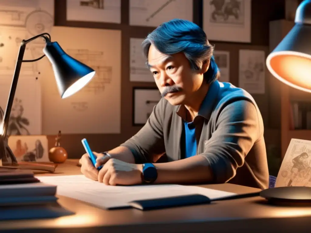 El legendario Shigeru Miyamoto inmerso en la creación de personajes icónicos de videojuegos como Mario y Link, rodeado de bocetos detallados
