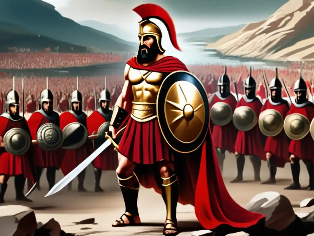 Leonidas, rey de Esparta, listo para la batalla en las Termópilas, con su armadura y mirada feroz