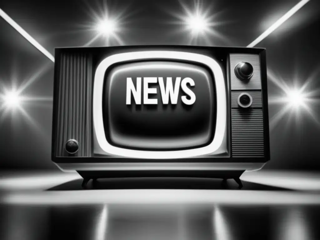 Una televisión vintage muestra leyendas presentadores noticias televisión en blanco y negro, rodeada de un halo de luz nostálgica