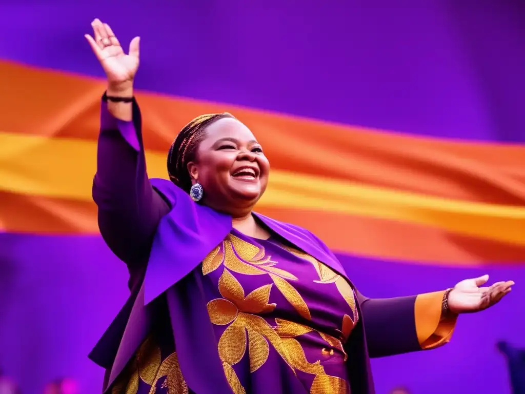 Leymah Gbowee lidera la lucha por la paz en Liberia, expresando determinación y esperanza en medio de vibrantes colores