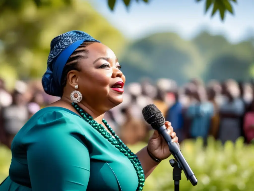 Leymah Gbowee lucha por la paz en Liberia, hablando frente a una multitud diversa bajo un cielo azul y árboles verdes