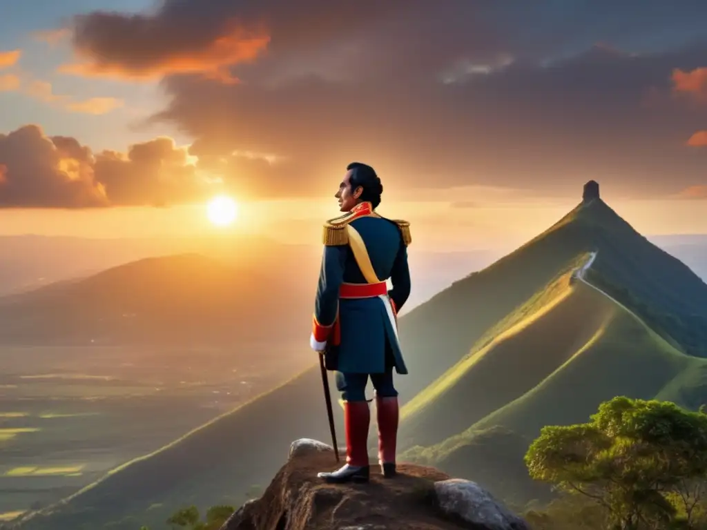 Simón Bolívar gesta libertaria nación, líder determinado en la cima de la montaña al amanecer, con paisaje majestuoso