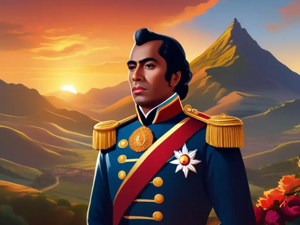 Simón Bolívar gesta libertaria nación: retrato digital detallado del líder ante paisaje montañoso al amanecer, irradiando determinación y visión