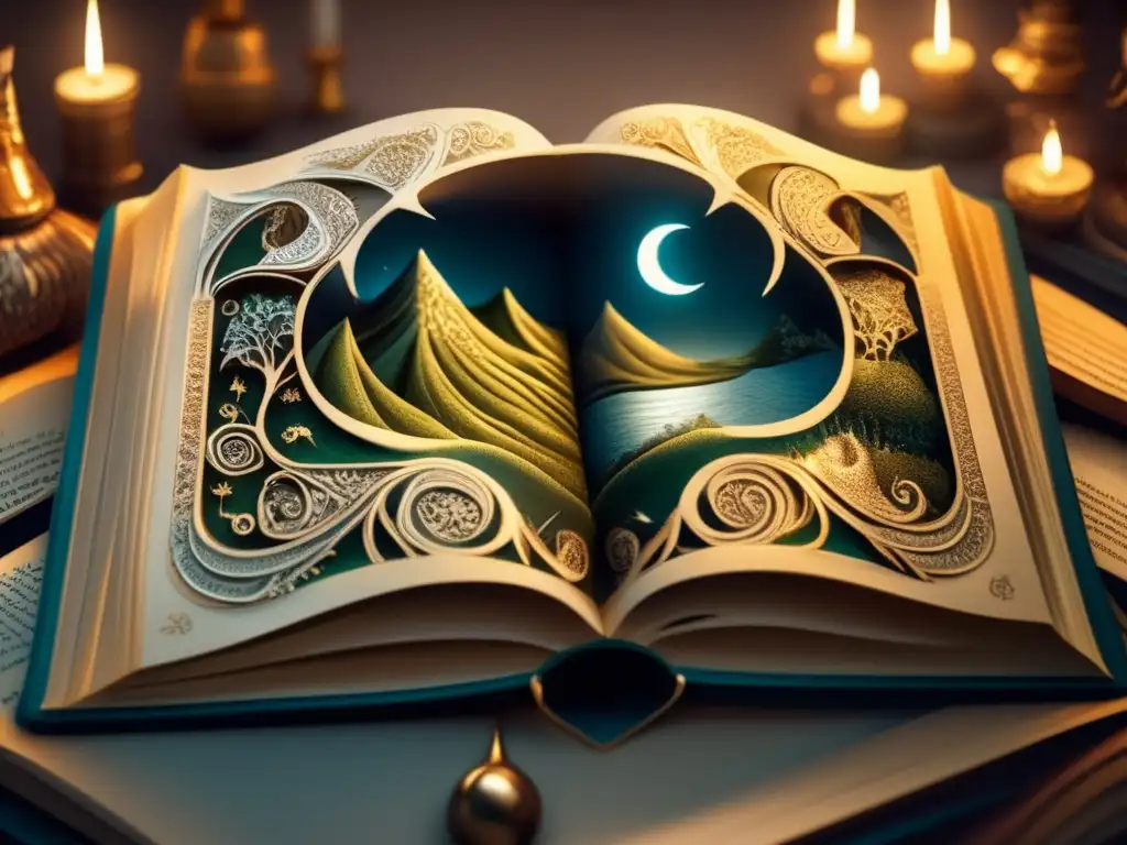 Un libro abierto con ilustraciones detalladas de tierras fantásticas y seres míticos, iluminado por una luz etérea