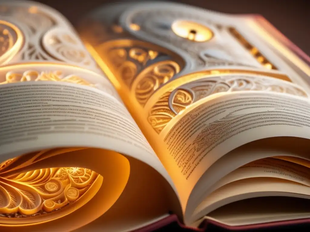Un libro abierto con intrincados patrones tallados en las páginas, iluminado por una cálida luz que resalta la textura del papel