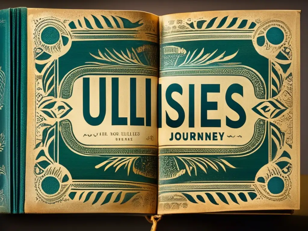 Un libro desgastado con la transgresión literaria de 'Ulises' de James Joyce en su portada, rodeado de ilustraciones y patrones detallados