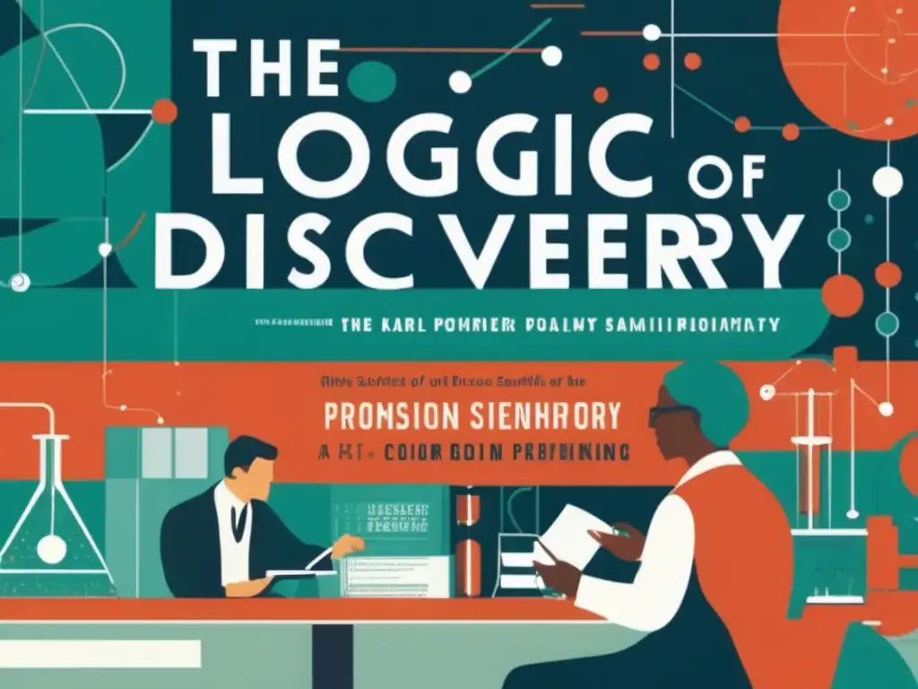 Un libro de 'La lógica de la investigación científica' de Karl Popper destaca en un laboratorio científico moderno, fusionando filosofía y ciencia
