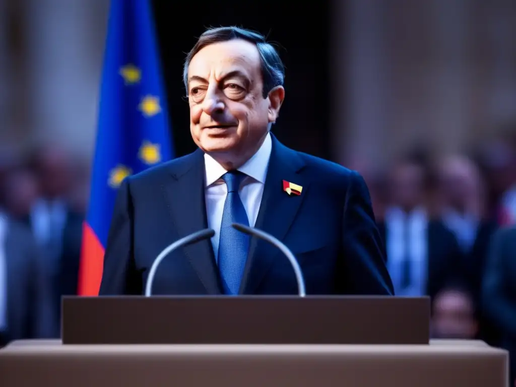 El líder Mario Draghi enfrenta la adversidad con determinación y pasión, rodeado de banderas europeas, irradiando liderazgo y promesas cumplidas