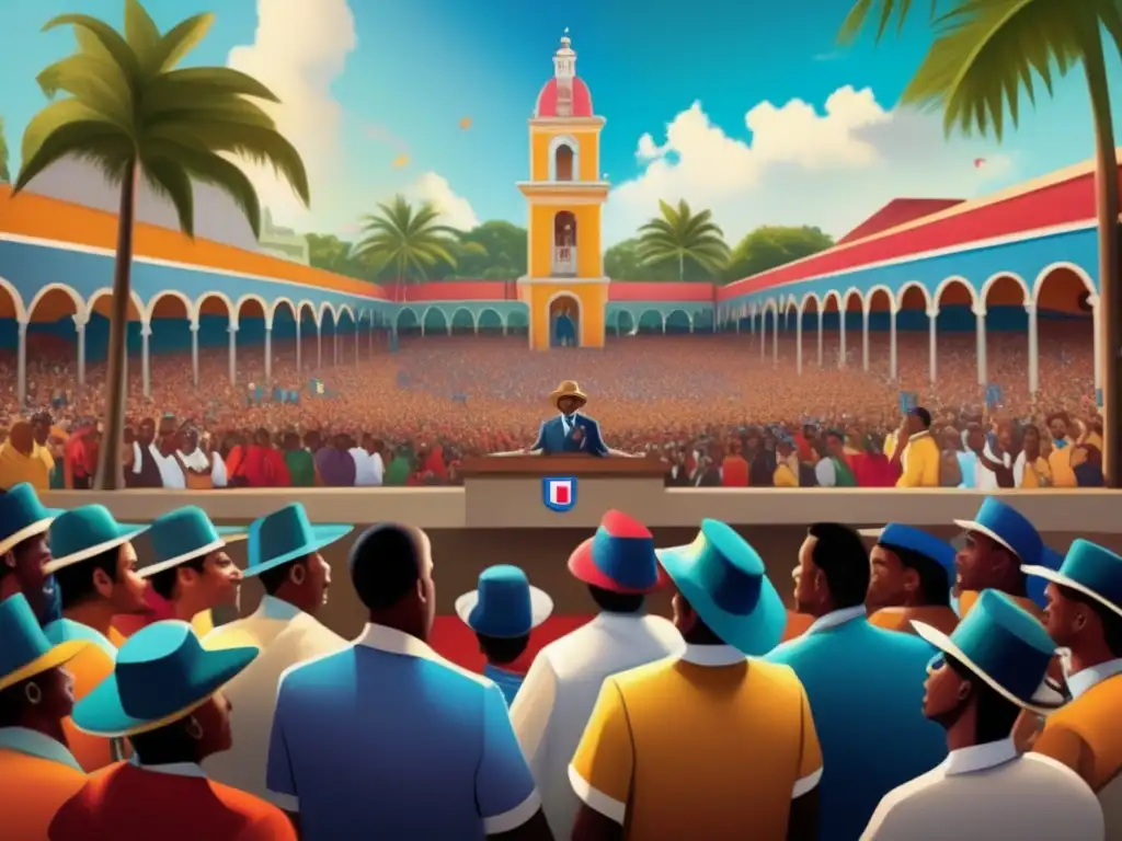 El líder Juan Bosch pronuncia un apasionado discurso ante una multitud diversa en la República Dominicana, reflejando su legado democrático