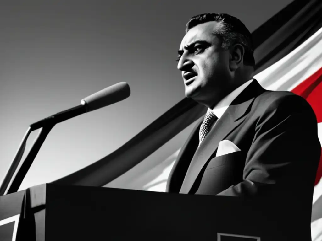Un líder carismático, Gamal Abdel Nasser, exuda determinación y autoridad mientras aborda a la multitud con pasión y convicción