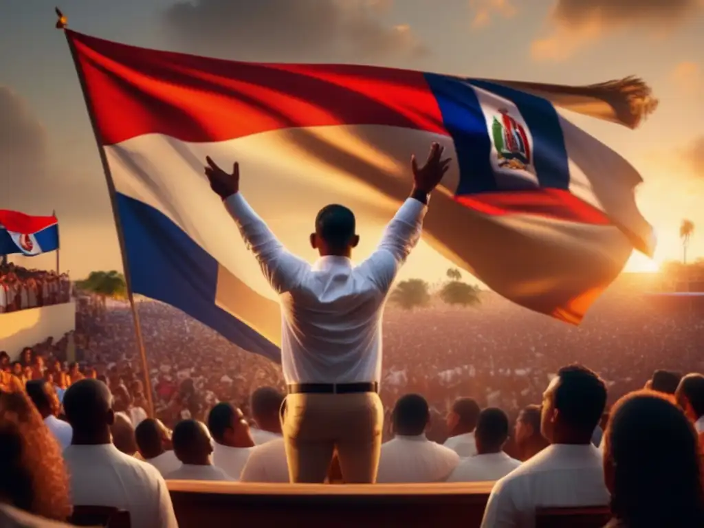 Un líder carismático, Rafael Leónidas Trujillo, pronuncia un poderoso discurso ante una multitud, mientras la bandera dominicana ondea detrás