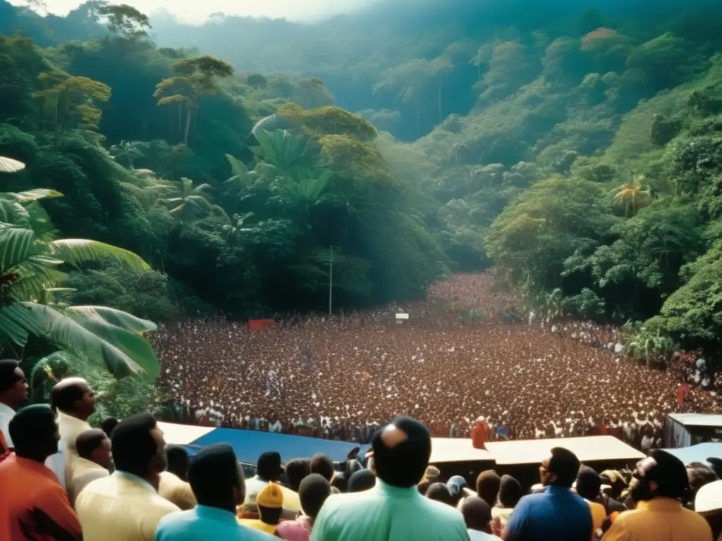 Un líder carismático, Jim Jones, habla apasionadamente a sus seguidores en la exuberante jungla de Jonestown