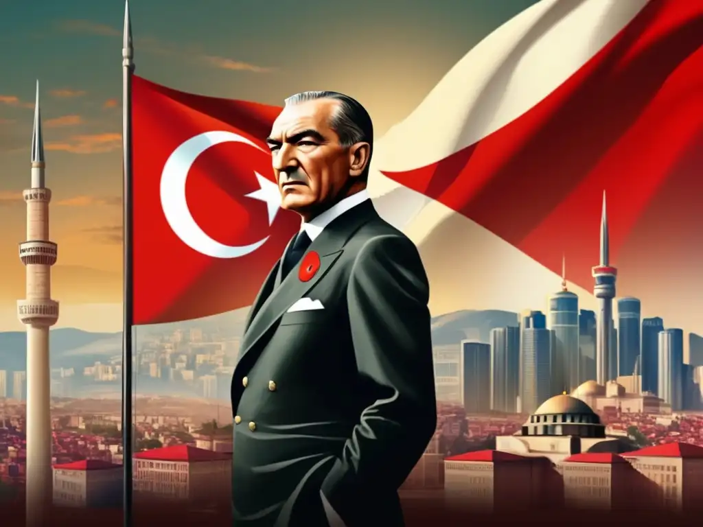 Mustafa Kemal Atatürk, líder determinado, frente a la bandera turca y una moderna ciudad