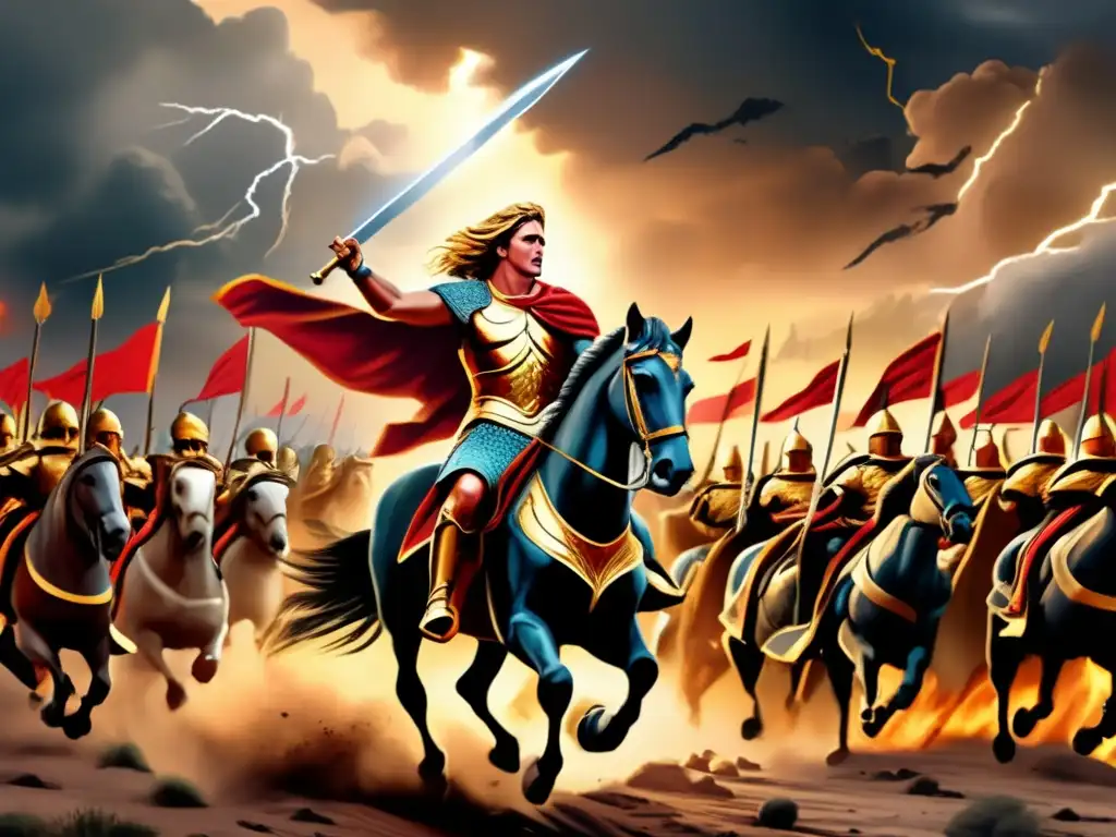 El líder Alejandro Magno avanza con su ejército en una atmósfera de batalla épica y dramática