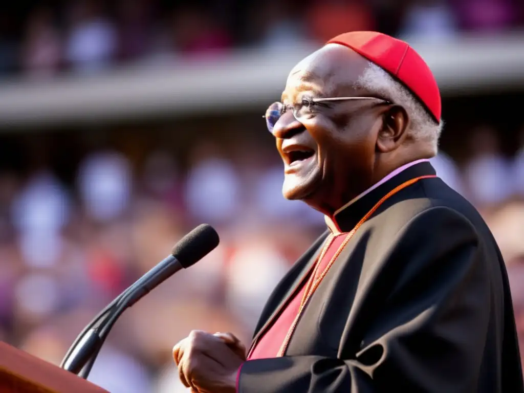El líder Desmond Tutu inspira con su filosofía de reconciliación y su presencia empática ante la multitud diversa