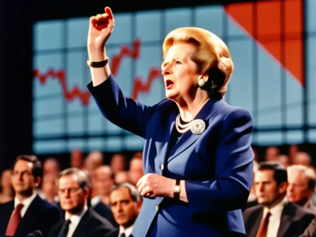 La líder Margaret Thatcher demuestra firmeza durante la recesión de los 80, proyectando seguridad y determinación ante una audiencia