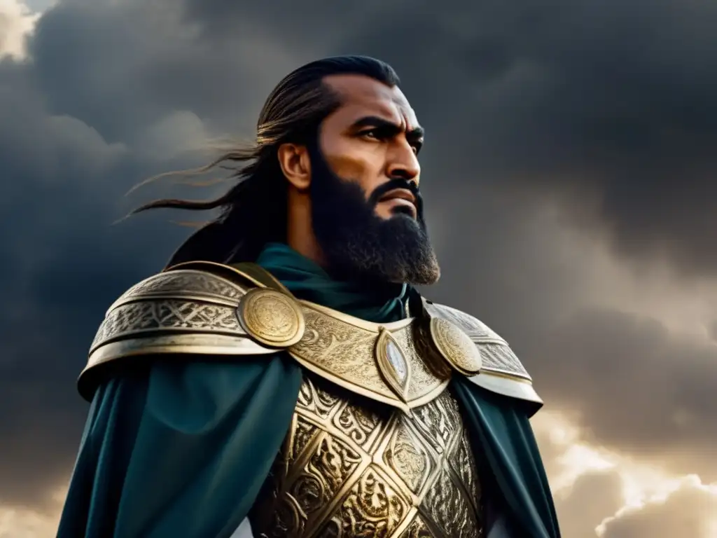 Saladino, líder formidable, en armadura ornamental, mirada firme al horizonte