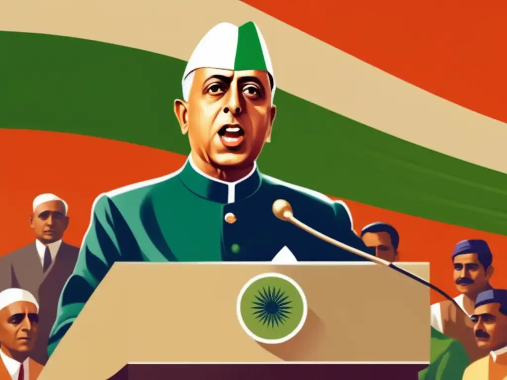 Jawaharlal Nehru líder India pronunciando un apasionado discurso, la bandera india ondea al fondo