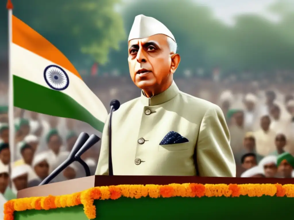 Jawaharlal Nehru líder India pronunciando un discurso apasionado, con la bandera india al fondo, reflejando su trayectoria como líder influyente