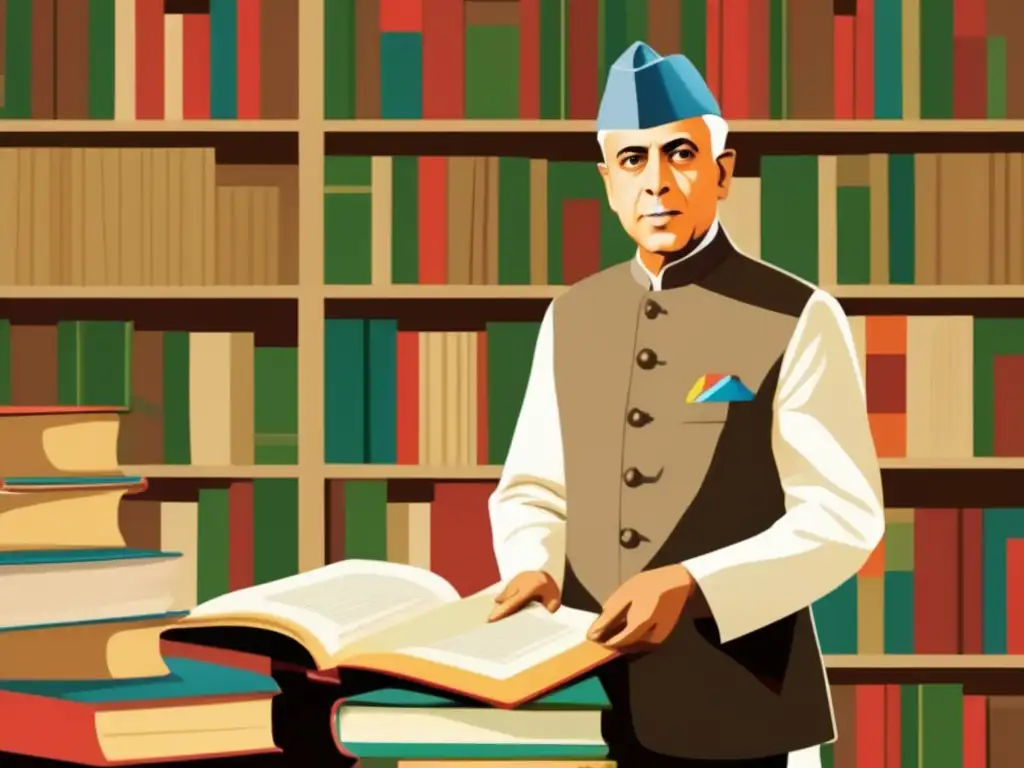 Jawaharlal Nehru, líder de India, en una universidad rodeado de libros y estudiantes, transmitiendo sabiduría y liderazgo