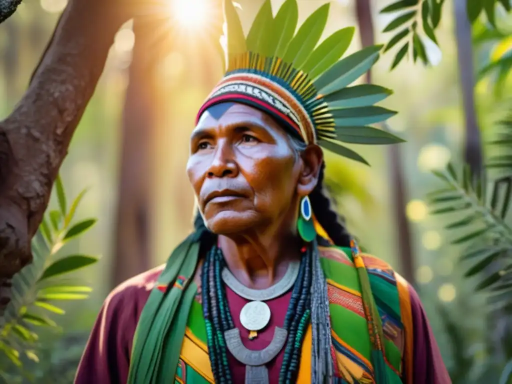 Un líder indígena en un bosque frondoso sostiene una rama de olivo, reflejando sabiduría y determinación