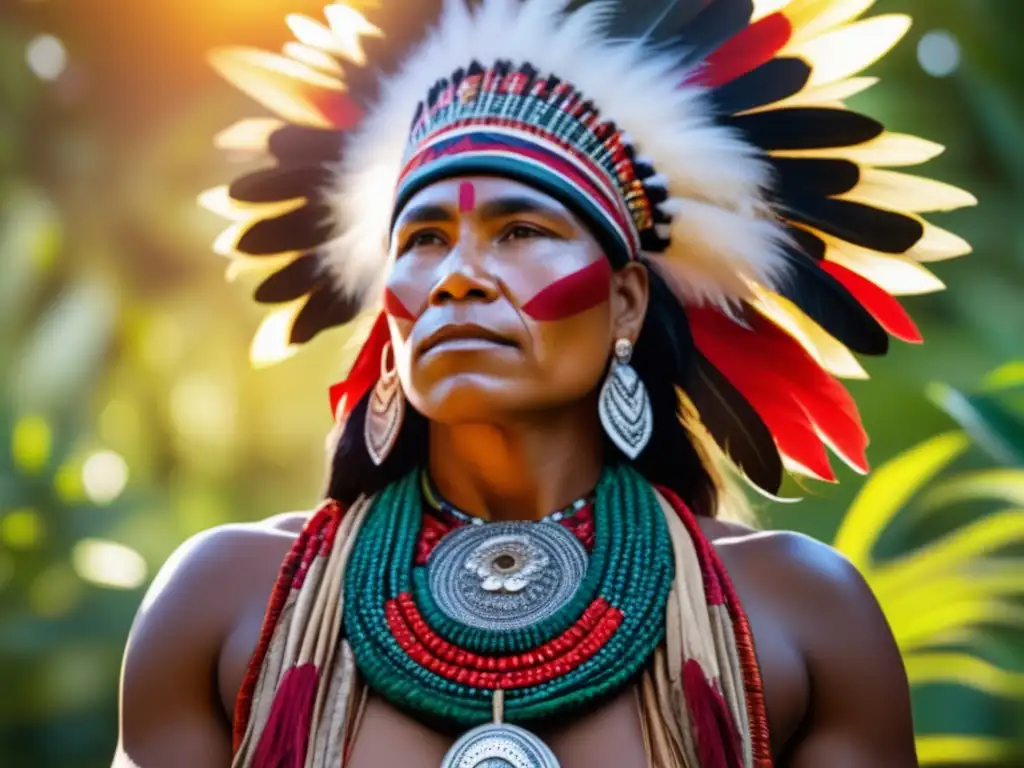 Líder indígena: fuerza y sabiduría en la selva - Un líder indígena poderoso y regio se destaca entre exuberante vegetación, representando la esencia de las dinastías indígenas y sus legados poderosos