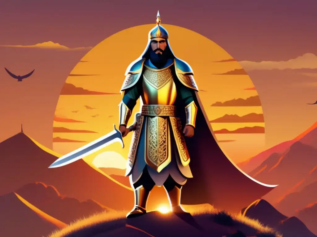 Saladino, líder islámico, con armadura detallada, sosteniendo un resplandeciente cimitarra, contempla el horizonte al atardecer