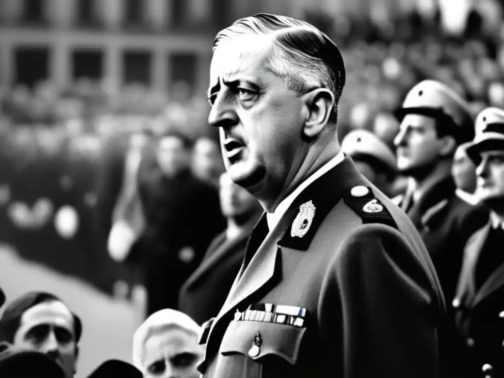 Charles de Gaulle, líder de la Francia Libre, pronuncia un apasionado discurso ante una multitud