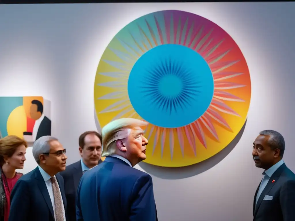 Un líder mundial reflexiona frente a una obra de arte política en una exposición, rodeado de diplomáticos y entusiastas del arte